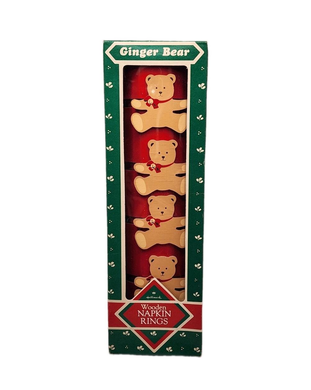 VTG 4 Hallmark Ginger Teddy Bear Wooden Napkin Rings Holiday Decor Holders